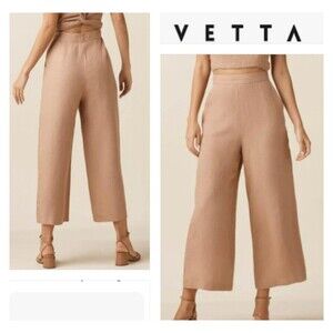 Vetta Wide Leg Apron Linen Pants Womens Size 10 Side Zip Cropped High Rise
